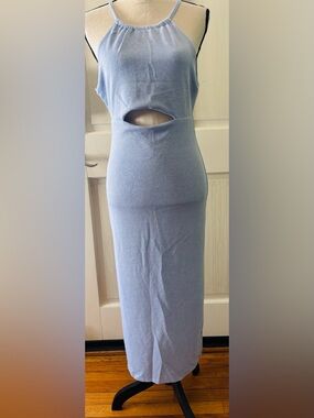 19 Cooper Light Blue shimmer Ribbed halter cut out front back party midi dress